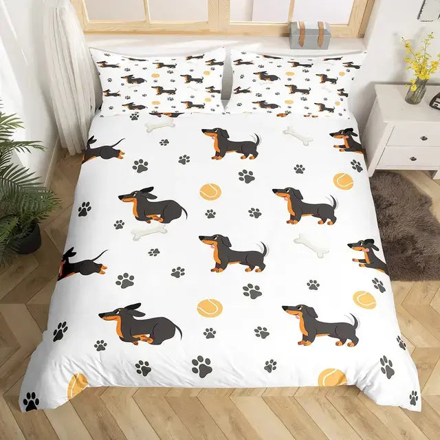 Dachshund Sausage Duvet Cover Set Cartoon Puppy Dog Bedding Set Toddler Weiner Dog Comforter Cover Dachshund Dog Bedspread Cover