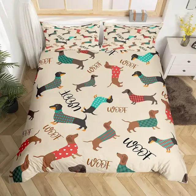 Dachshund Sausage Duvet Cover Set Cartoon Puppy Dog Bedding Set Toddler Weiner Dog Comforter Cover Dachshund Dog Bedspread Cover