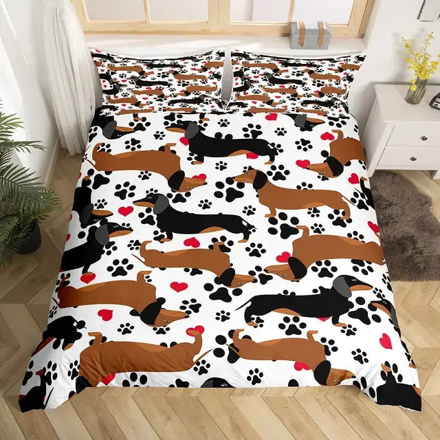 Dachshund Sausage Duvet Cover Set Cartoon Puppy Dog Bedding Set Toddler Weiner Dog Comforter Cover Dachshund Dog Bedspread Cover