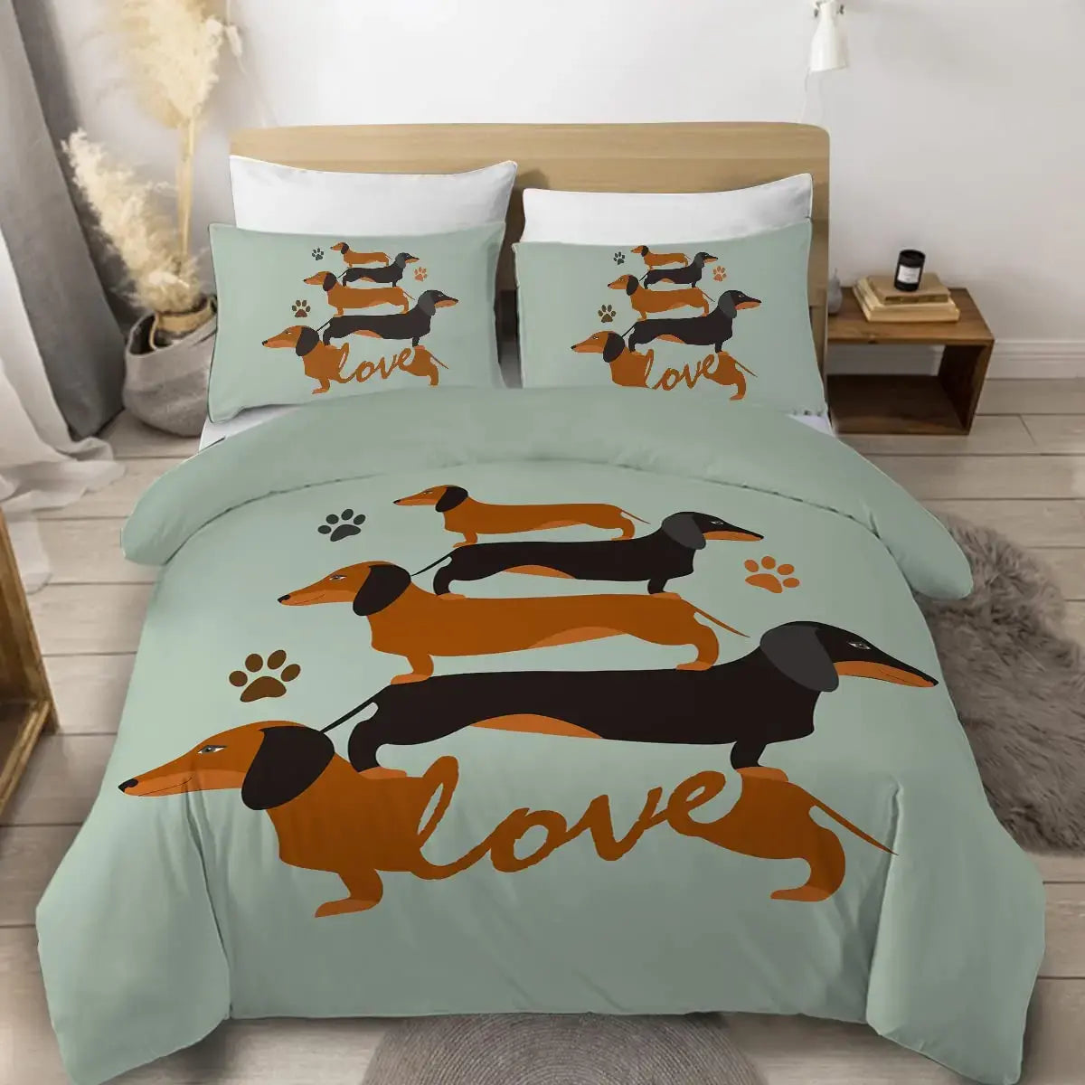 Dachshund Sausage Duvet Cover Set Cartoon Puppy Dog Bedding Set Toddler Weiner Dog Comforter Cover Dachshund Dog Bedspread Cover