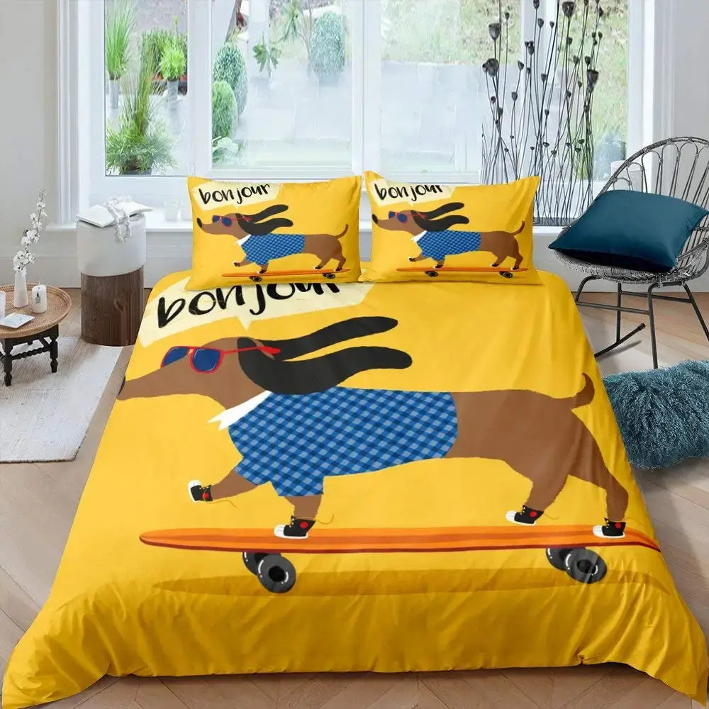 Dachshund Sausage Duvet Cover Set Cartoon Puppy Dog Bedding Set Toddler Weiner Dog Comforter Cover Dachshund Dog Bedspread Cover